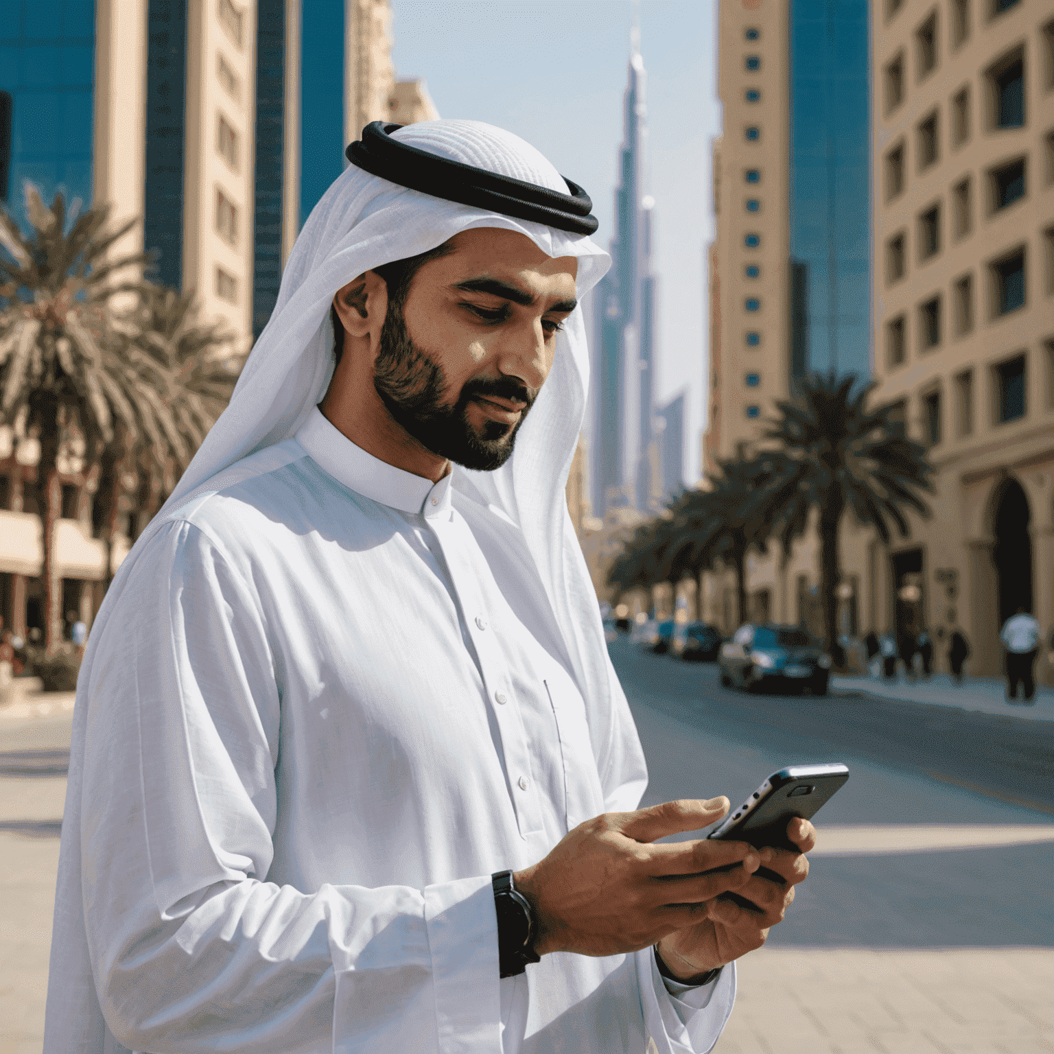 A person using a smartphone with high-speed internet connection outdoors in a city setting in the UAE