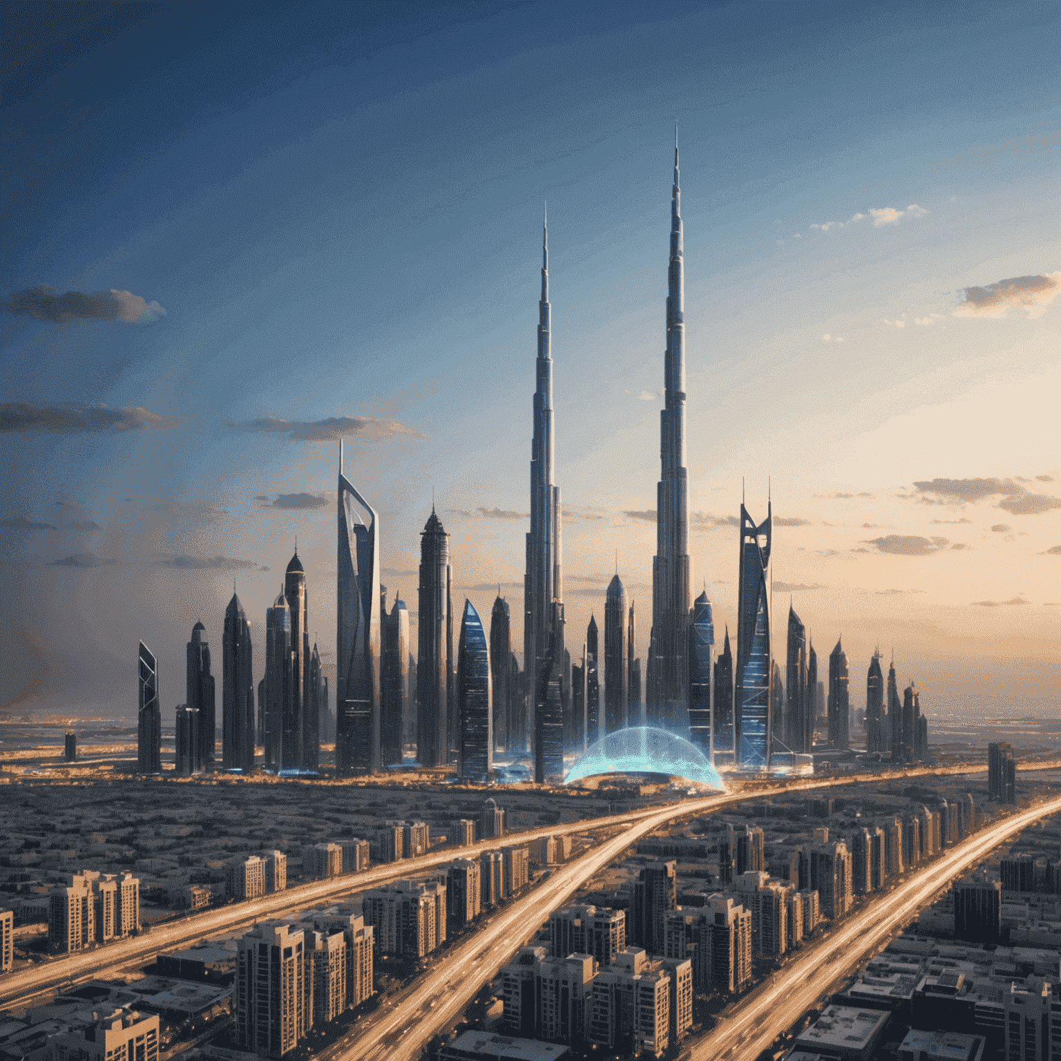 5G technology concept with wireless network towers and city skyline of Dubai in UAE